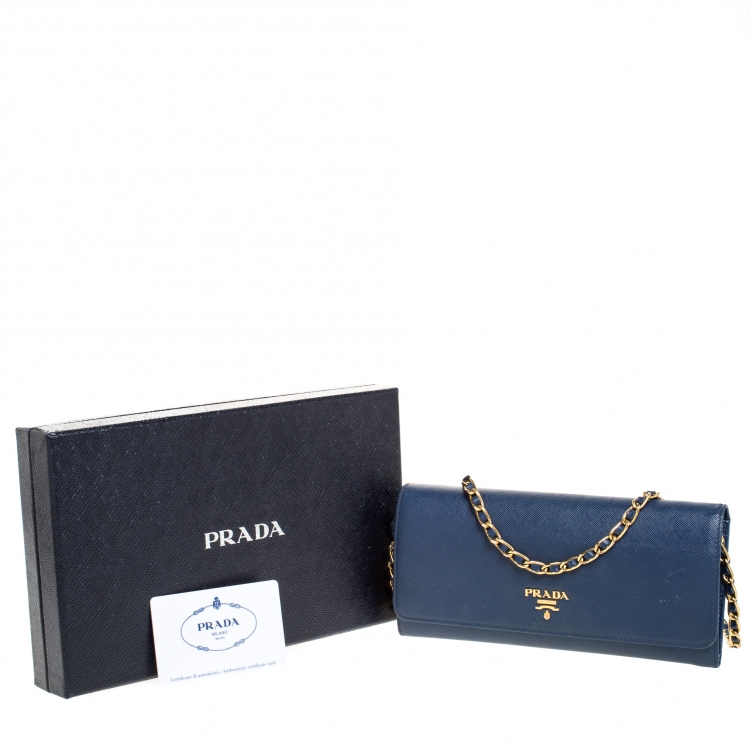 Pre Owned Prada Navy Blue Saffiano Lux Leather Wallet on Chain