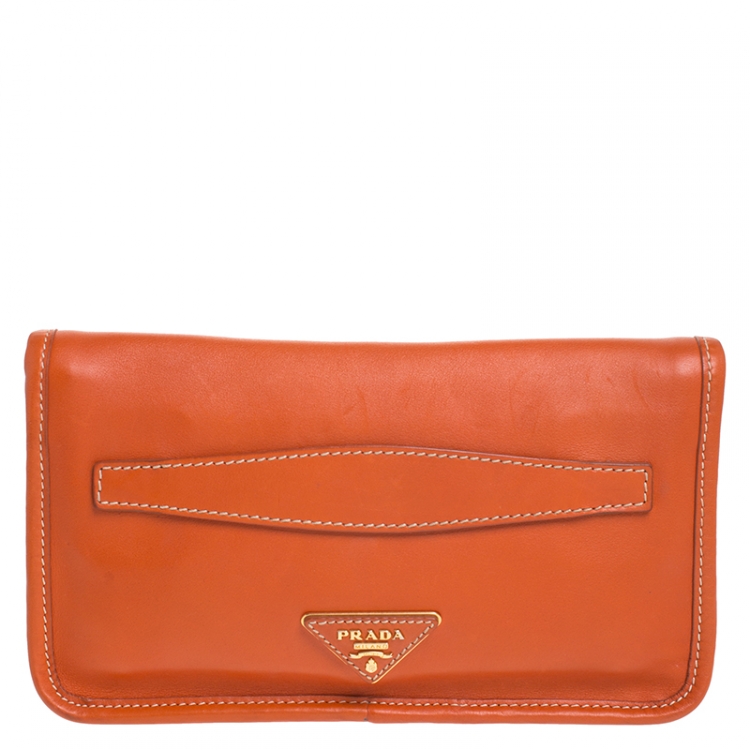 Pre Owned Prada Orange Leather City Clutch