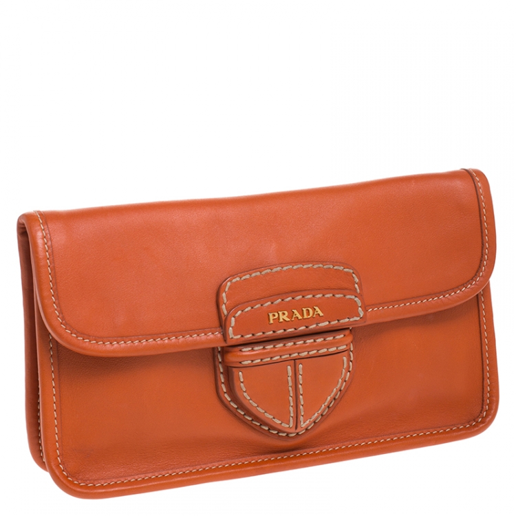 Pre Owned Prada Orange Leather City Clutch