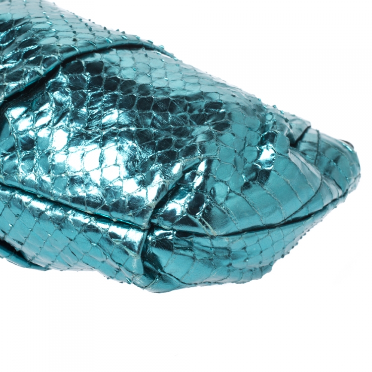 Pre Owned Prada Metallic Turquoise Pleated Python Wristlet Clutch