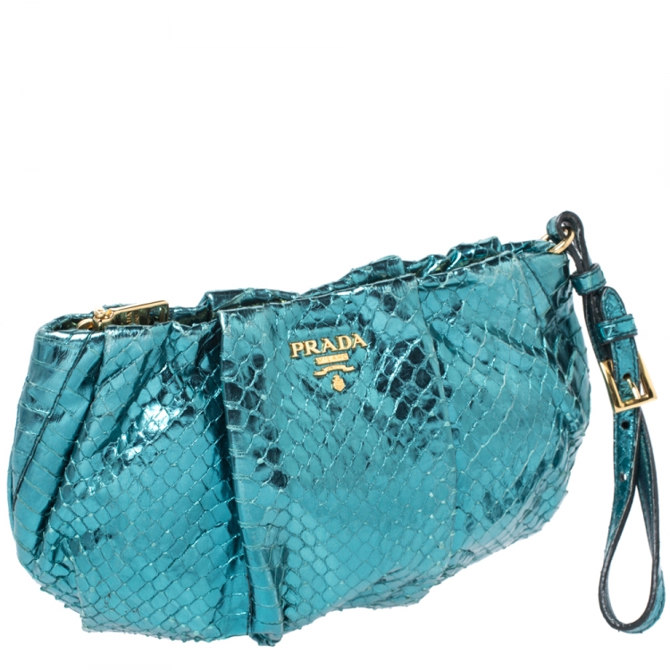 Pre Owned Prada Metallic Turquoise Pleated Python Wristlet Clutch
