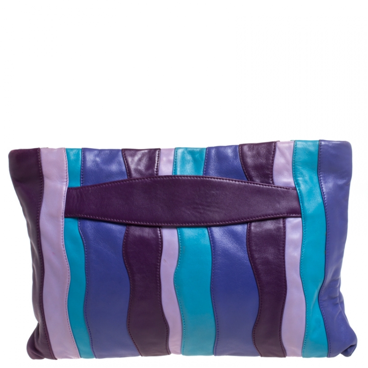 Pre Owned Prada Multicolor Stripes Leather Zip Clutch