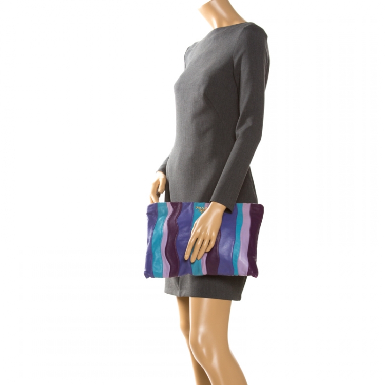 Pre Owned Prada Multicolor Stripes Leather Zip Clutch