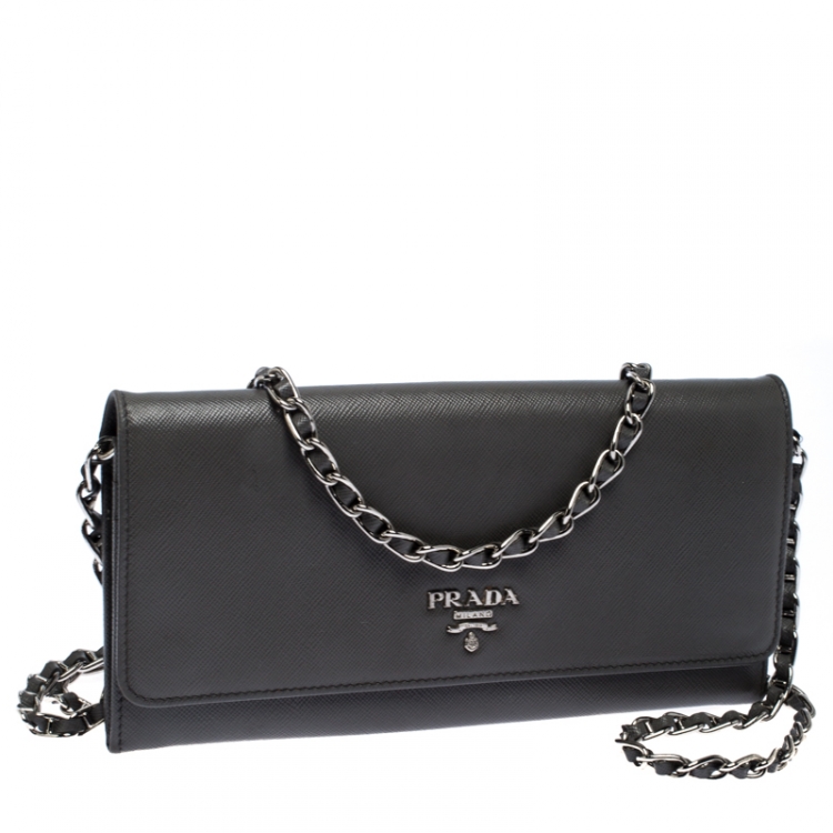 Pre Owned Prada Grey Saffiano Lux Leather Wallet on Chain