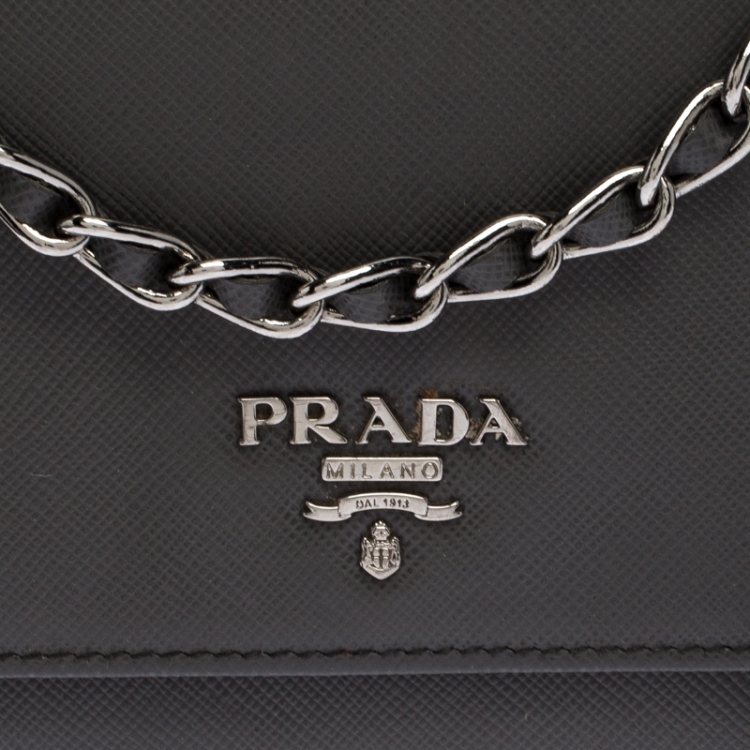 Pre Owned Prada Grey Saffiano Lux Leather Wallet on Chain