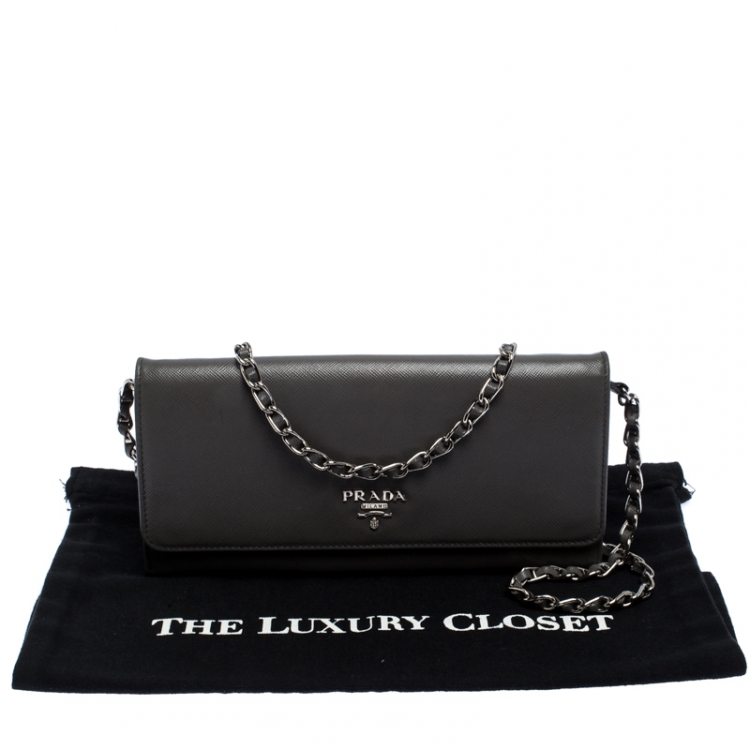 Pre Owned Prada Grey Saffiano Lux Leather Wallet on Chain