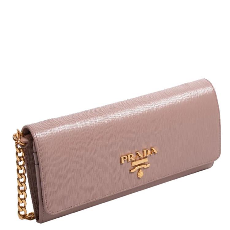 Pre Owned Prada Nude Saffiano Leather Wallet On Chain
