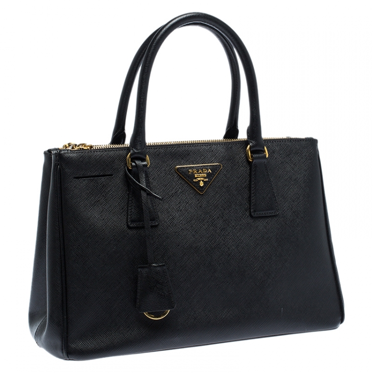Pre Owned Prada Black Saffiano Leather Small Galleria Double Zip Tote