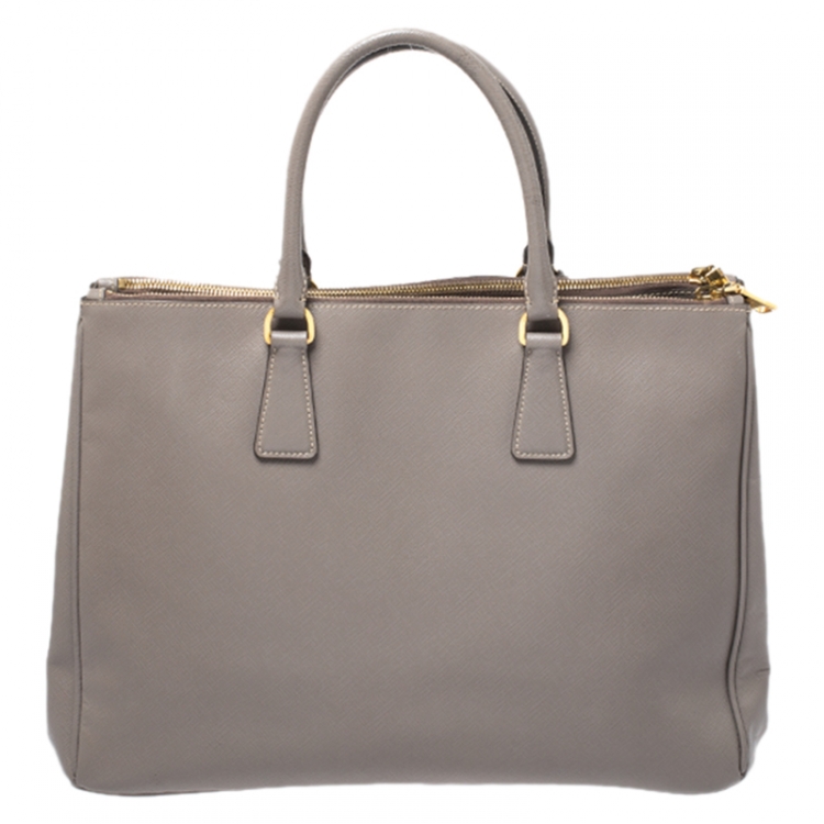Pre Owned Prada Grey Saffiano Lux Leather Large Galleria Double Zip Tote