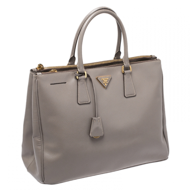 Pre Owned Prada Grey Saffiano Lux Leather Large Galleria Double Zip Tote