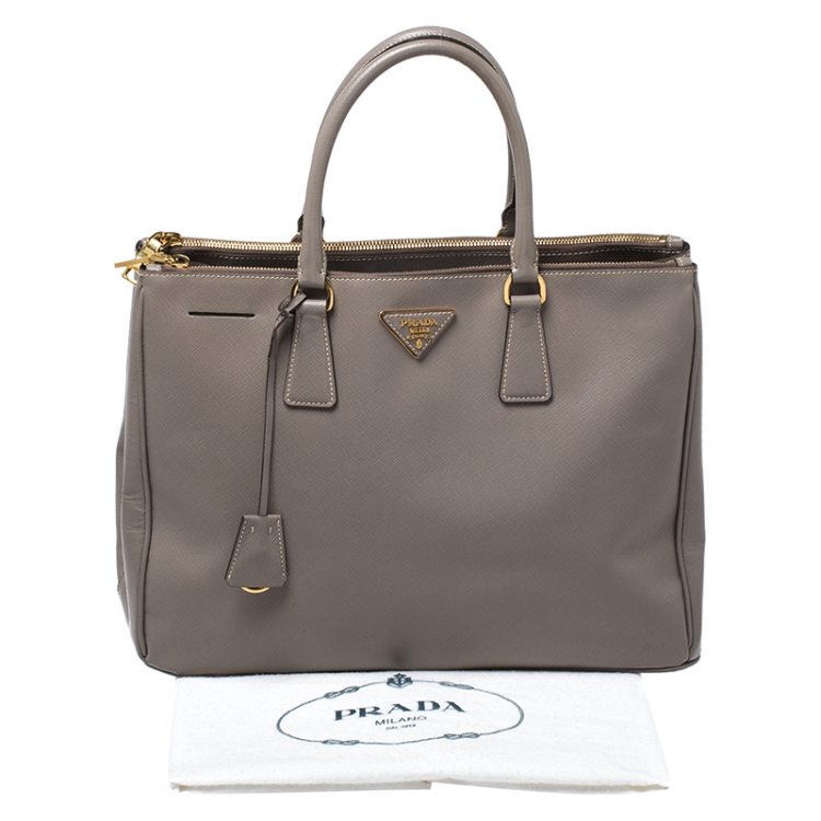 Pre Owned Prada Grey Saffiano Lux Leather Large Galleria Double Zip Tote
