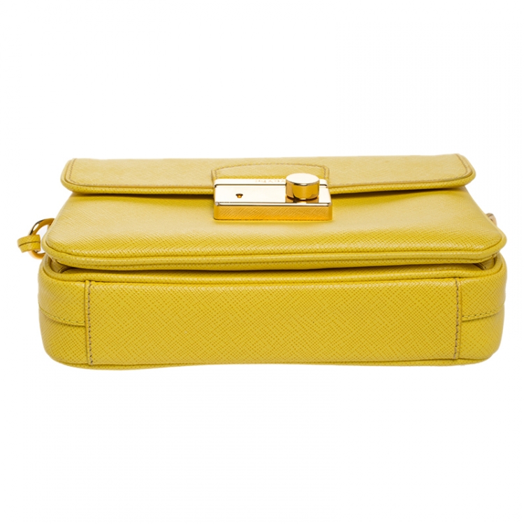 Pre Owned Prada Yellow Saffiano Leather Mini Sound Top Handle Bag