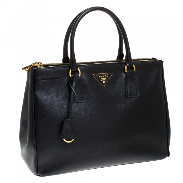 Pre Owned Prada Black Saffiano Lux Leather Medium Galleria Double Zip Tote
