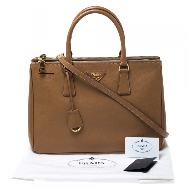 Pre Owned Prada Tan Saffiano Lux Leather Medium Galleria Double Zip Tote