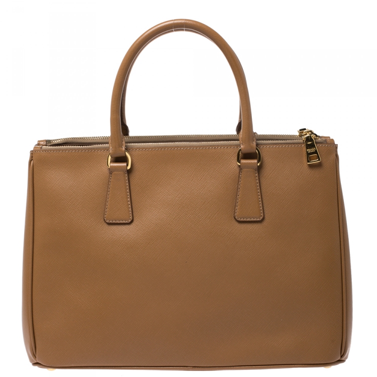 Pre Owned Prada Tan Saffiano Lux Leather Medium Galleria Double Zip Tote