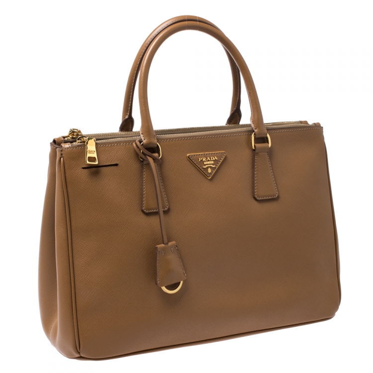 Pre Owned Prada Tan Saffiano Lux Leather Medium Galleria Double Zip Tote