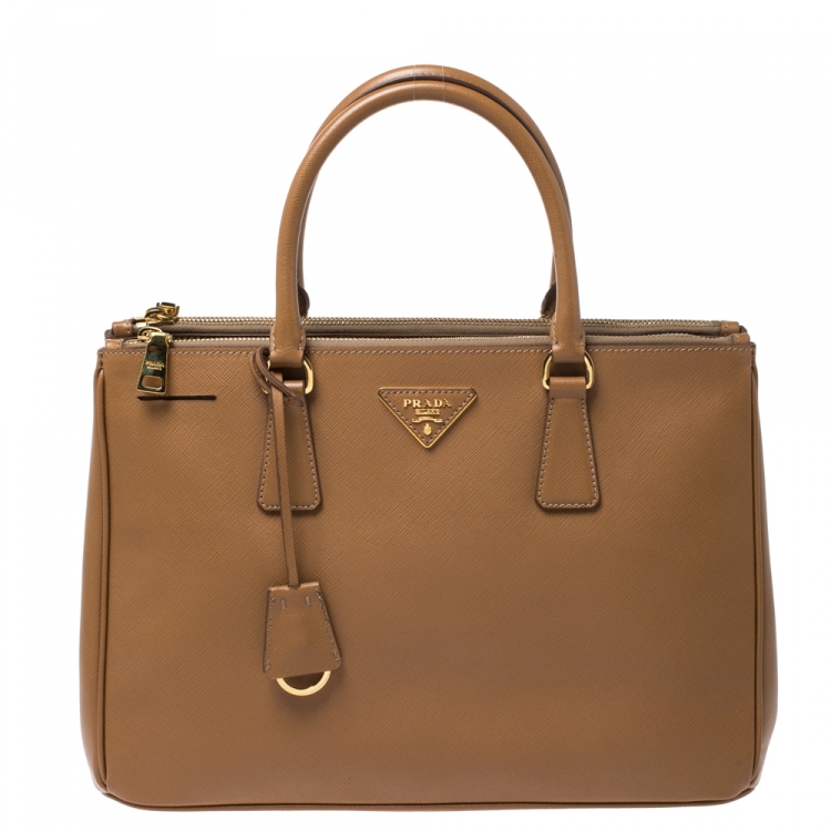 Pre Owned Prada Tan Saffiano Lux Leather Medium Galleria Double Zip Tote