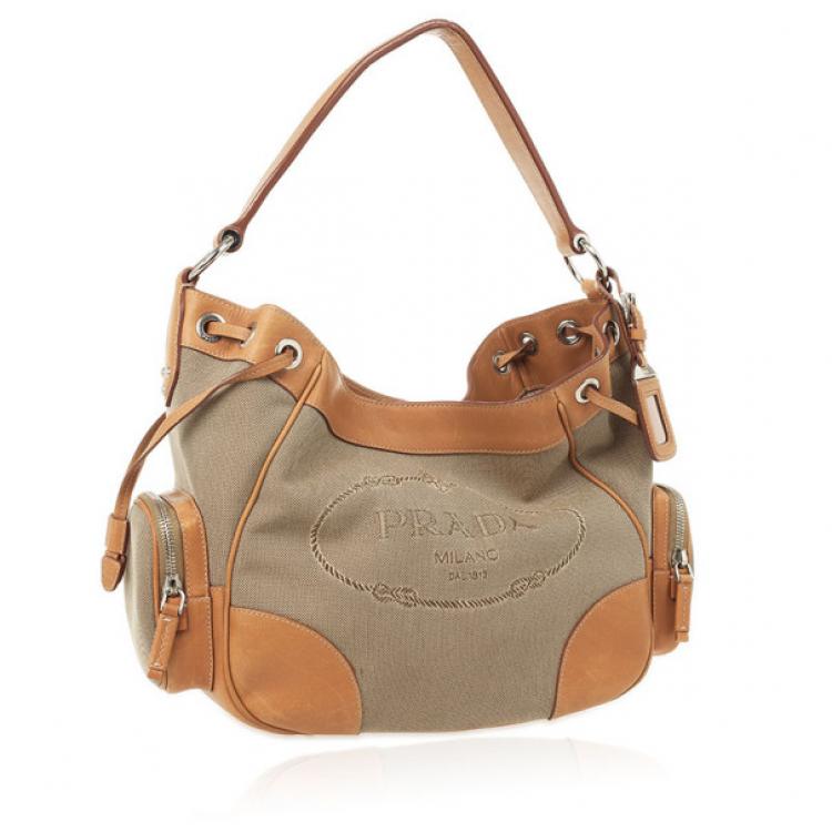 Pre Owned Prada Beige Trim Logo Jacquard Hobo Bag