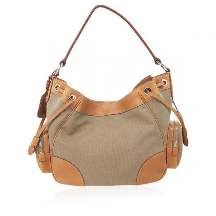 Pre Owned Prada Beige Trim Logo Jacquard Hobo Bag