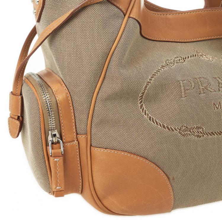 Pre Owned Prada Beige Trim Logo Jacquard Hobo Bag