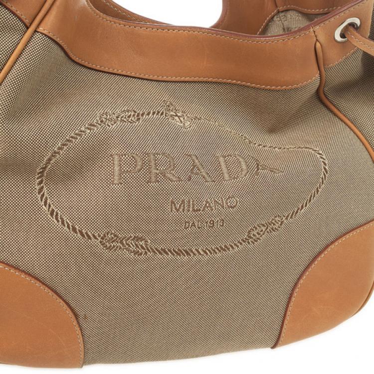 Pre Owned Prada Beige Trim Logo Jacquard Hobo Bag
