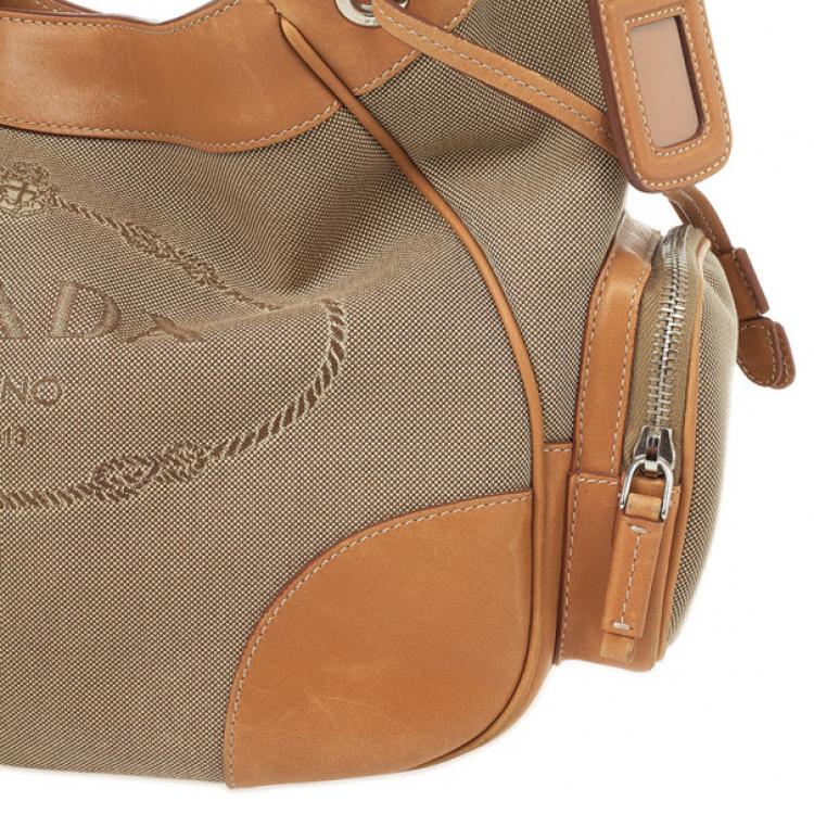 Pre Owned Prada Beige Trim Logo Jacquard Hobo Bag