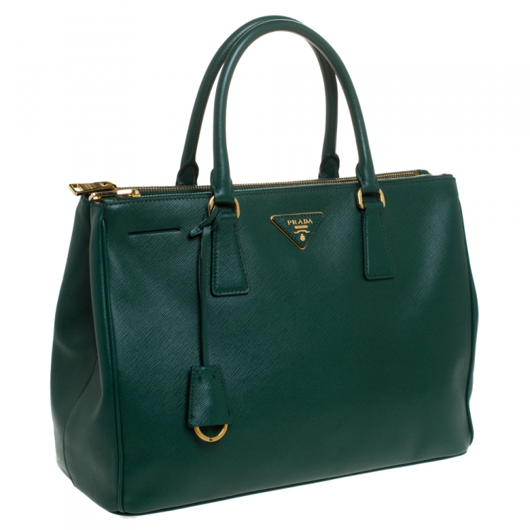 Pre Owned Prada Green Saffiano Lux Leather Medium Galleria Double Zip Tote