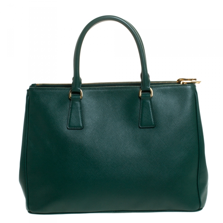 Pre Owned Prada Green Saffiano Lux Leather Medium Galleria Double Zip Tote