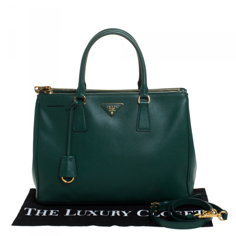 Pre Owned Prada Green Saffiano Lux Leather Medium Galleria Double Zip Tote
