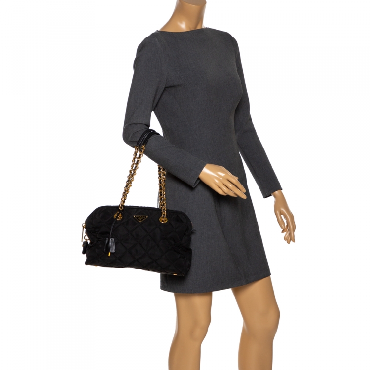 Prada Gray Nylon Shoulder & Handbag Quilted Gold Hardware