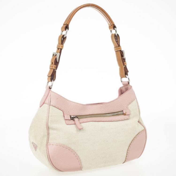 Pre Owned Prada Pink Trim Logo Jacquard Hobo Bag