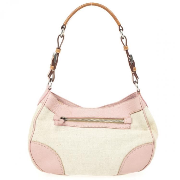 Pre Owned Prada Pink Trim Logo Jacquard Hobo Bag