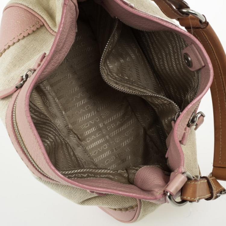 Pre Owned Prada Pink Trim Logo Jacquard Hobo Bag