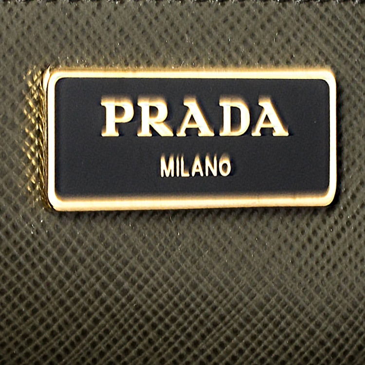 Pre Owned Prada Khaki Green Saffiano Lux Leather Medium Galleria Double Zip Tote