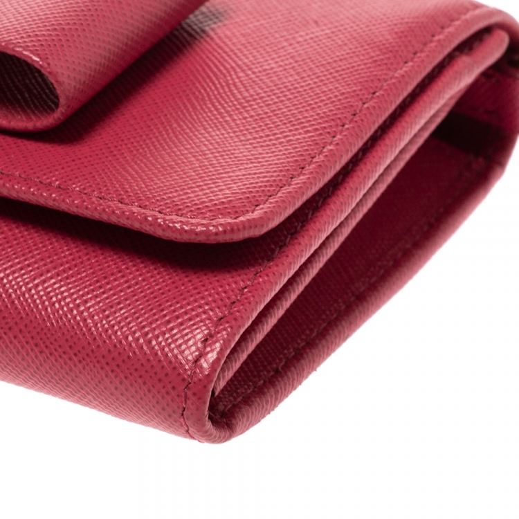 Pre Owned Prada Pink Saffiano Lux Leather Bow Wallet On Chain