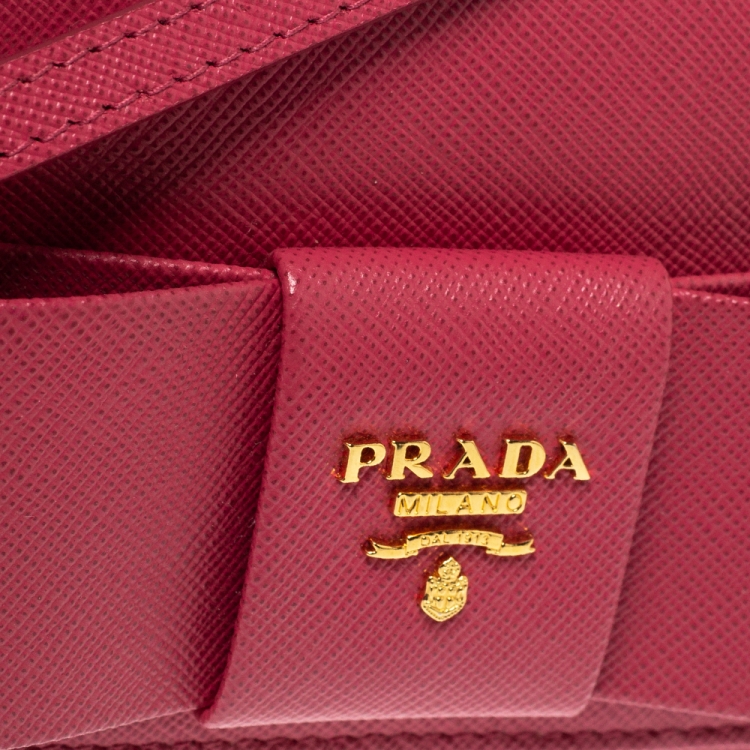 Pre Owned Prada Pink Saffiano Lux Leather Bow Wallet On Chain