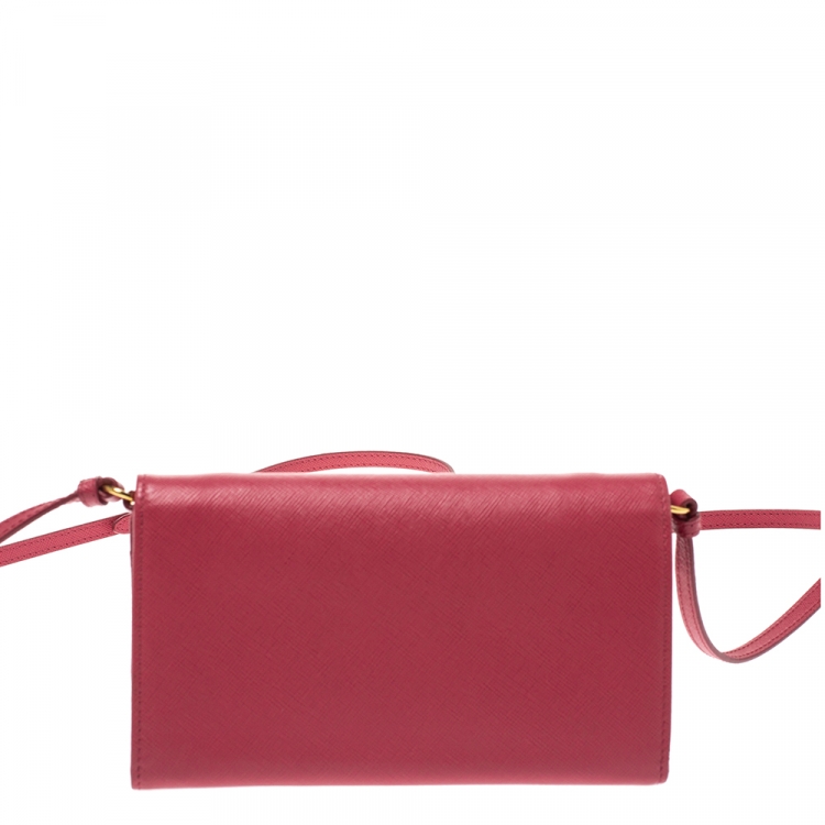 Pre Owned Prada Pink Saffiano Lux Leather Bow Wallet On Chain