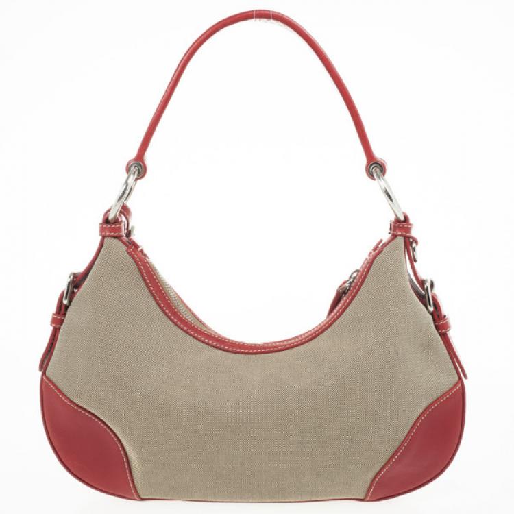 Pre Owned Prada Red Trim Logo Jacquard Hobo Bag