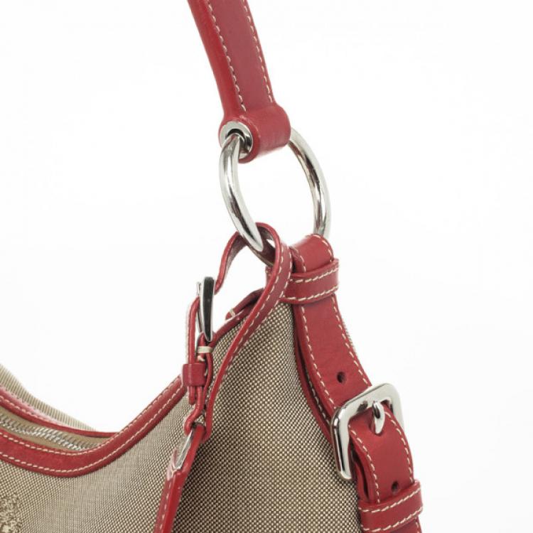 Pre Owned Prada Red Trim Logo Jacquard Hobo Bag