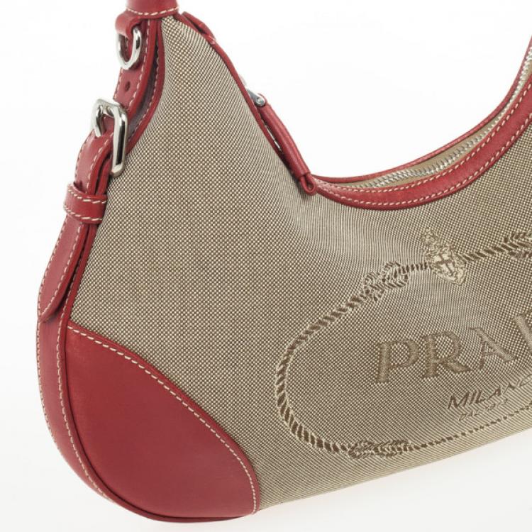 Pre Owned Prada Red Trim Logo Jacquard Hobo Bag