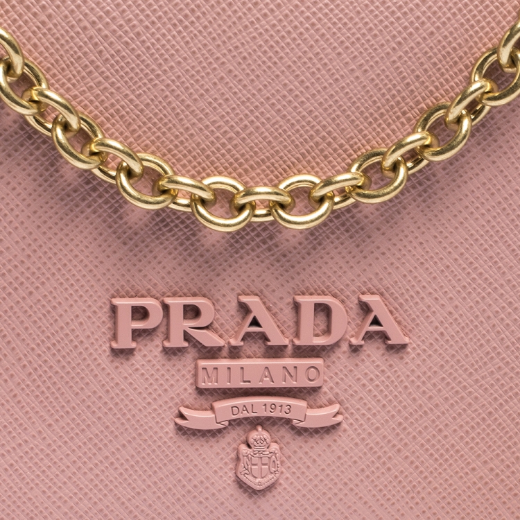 Pre Owned Prada Light Pink Saffiano Leather Wallet On Chain