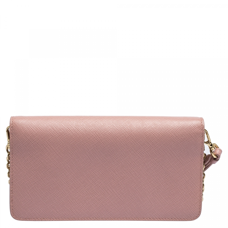Pre Owned Prada Light Pink Saffiano Leather Wallet On Chain