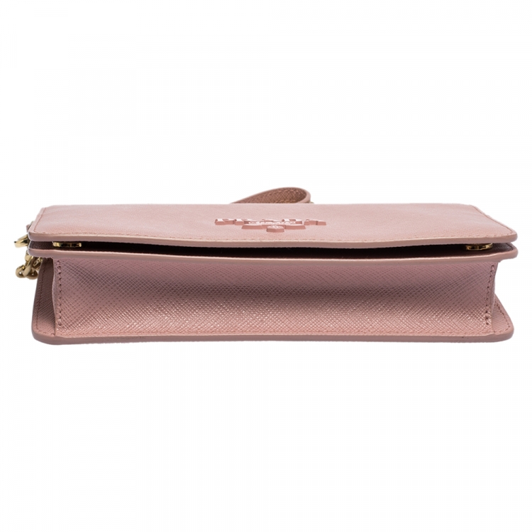 Pre Owned Prada Light Pink Saffiano Leather Wallet On Chain