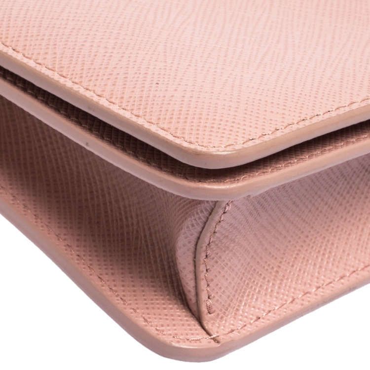 Pre Owned Prada Light Pink Saffiano Leather Wallet On Chain
