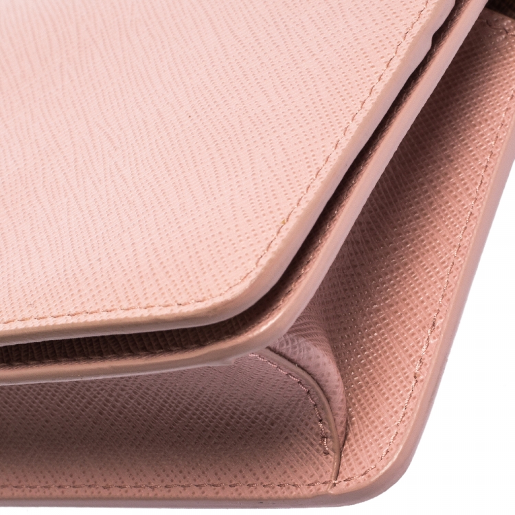 Pre Owned Prada Light Pink Saffiano Leather Wallet On Chain
