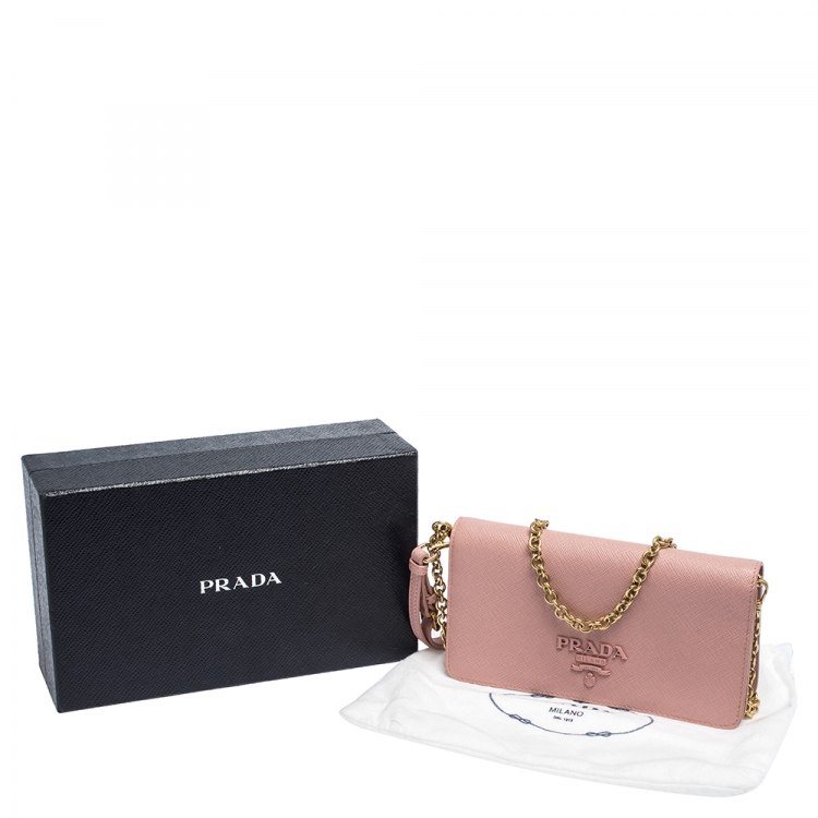 Pre Owned Prada Light Pink Saffiano Leather Wallet On Chain