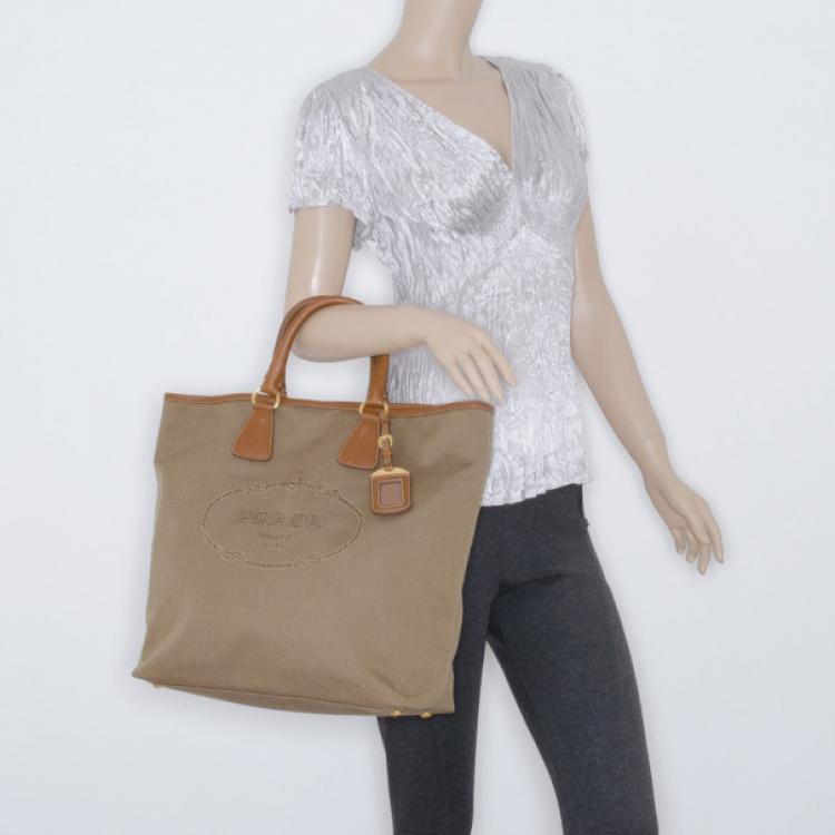 Pre Owned Prada Beige Logo Jacquard Hobo