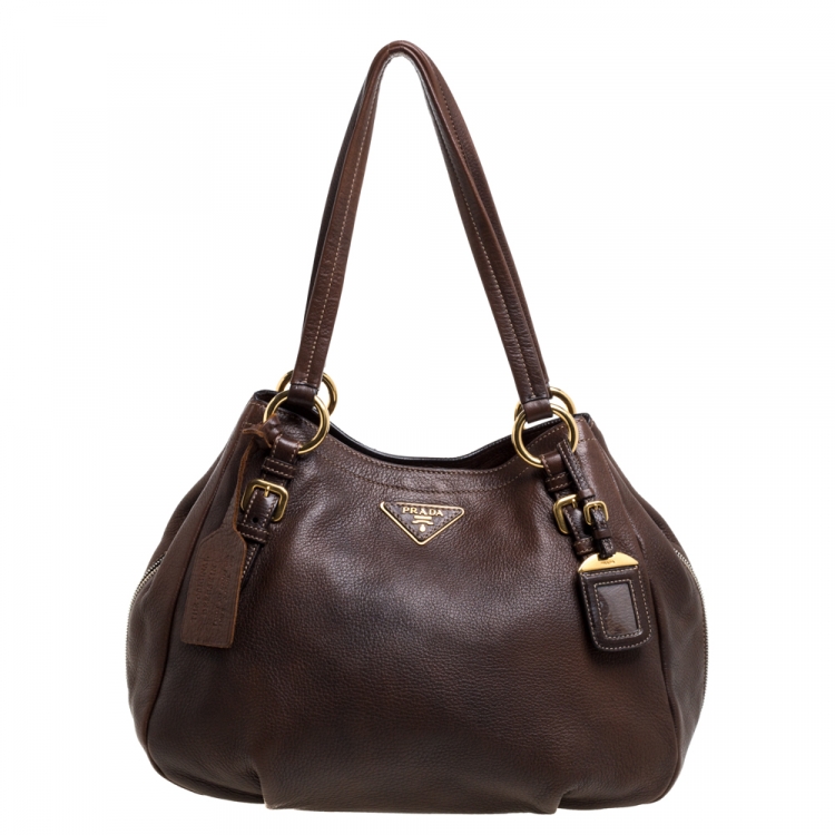 ハンドバッグ PRADA BROWN LEATHER HANDBAG Prada Brown Cervo Leather Double Zip Shoulder Bag Prada | TLC