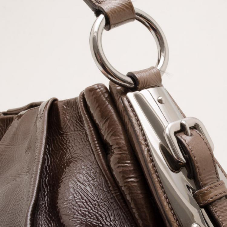 Pre Owned Prada Brown Patent Leather Gradient Pleated Hobo