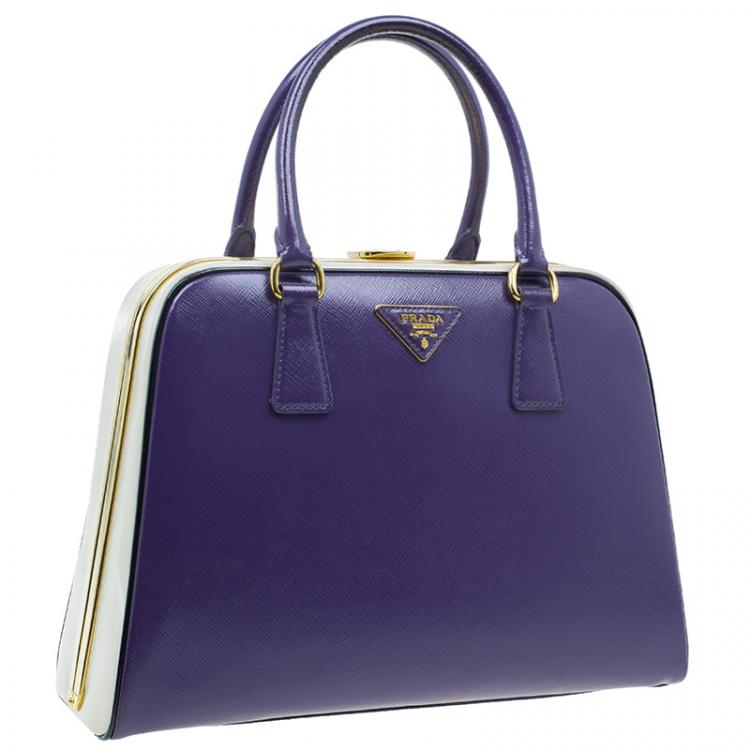 Pre Owned Prada Purple/Cream Saffiano Lux Leather Frame Top Handle Bag